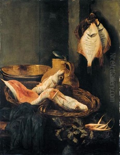 A Larder Still Life With Fish In Baskets Together With Radishes And Kitchen Utensils On A Table - view 1