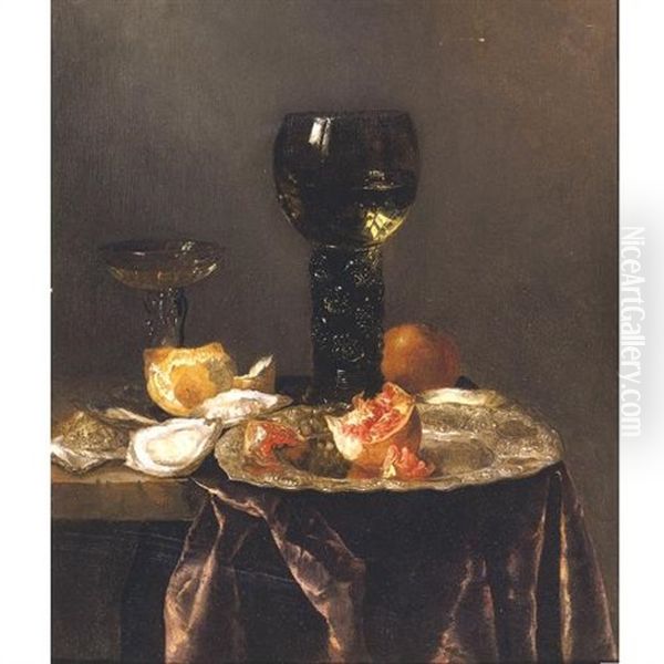 Still Life With A Roemer, A Pomegranate And Oysters All Resting On A Partially Draped Table - view 1