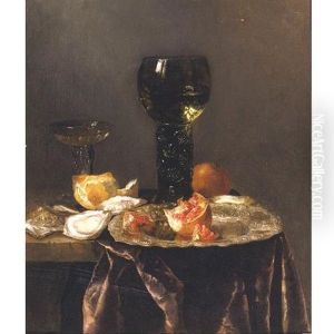 Still Life With A Roemer, A Pomegranate And Oysters All Resting On A Partially Draped Table