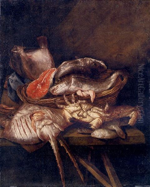 Fish In A Basket With Crabs, Rays And Other Fish On A Wooden Table - view 1