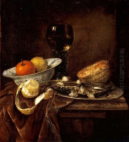 Still Life Of An Orange And A Lemon In A Porcelain Bowl, A Roemer, A Melon, A Sliced Herring On A Pewter Plate, And A Peeled Lemon Together On A Table Draped With A Velvet Cloth - view 1