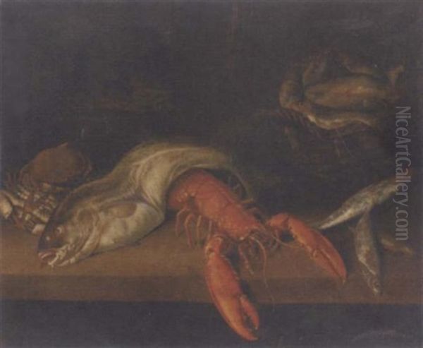 A Lobster, A Basket Of Fish, A Crab, A Cod And Other Fish On A Ledge - view 1