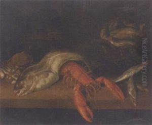A Lobster, A Basket Of Fish, A Crab, A Cod And Other Fish On A Ledge