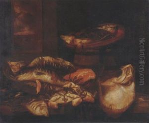 A Ray, A Salmon Steak, Crabs And Other Fish In A Basket On A Wooden Ledge Before A Window by Abraham van Beyeren