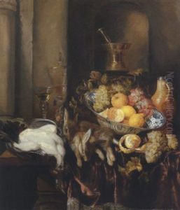 Grapes, Lemons, And Oranges In A Porselein Bowl, With A Plucked Chicken And Two Hares, And Two Glasses On A Draped Ledge, Other Objects In A Niche Beyond