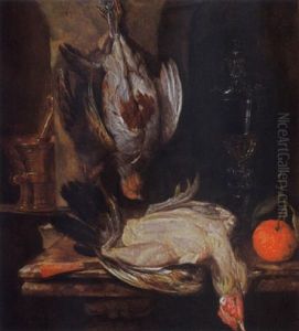 A Still Life With A Partridge, A Turkey, A Bitter Orange, A Glass Goblet Together With A Mortar And A Knife, All On A Marble Ledge by Abraham van Beyeren