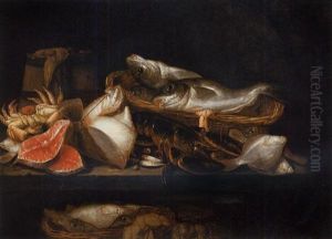 A Lobster, Salmon Steaks, Cod In A Basket, Plaice, A Skate, A Crab, Mussels And Other Fish On A Stone Table, A Barrel Beyond by Abraham van Beyeren