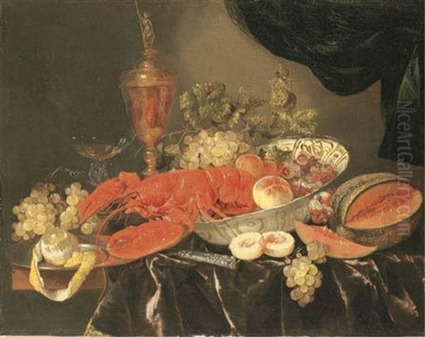 A Lobster With Grapes And A Peach In A Porselein Bowl, A Silver-gilt Cup And Cover, A Wine Glass, A Melon, A Knife, And A Platter With A Lemon On A Table Ledge - view 1
