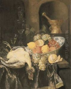 Grapes, Lemons, And Oranges In A Porselein Bowl, With A Plucked Chicken And Two Facon-de-venise Glasses, A Sculpted Mortar And Pestle In A Niche Beyond