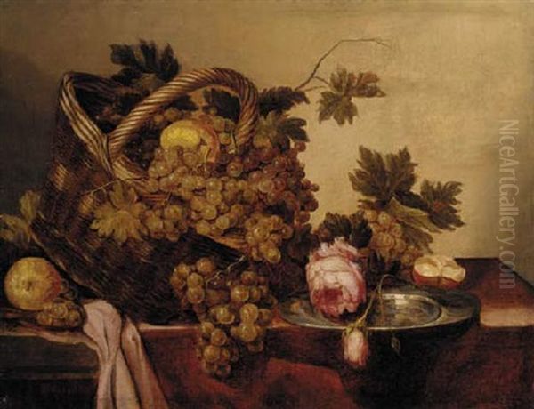 A Basket Of Grapes And Apples, With Roses And A Pewter Plate On A Table - view 1