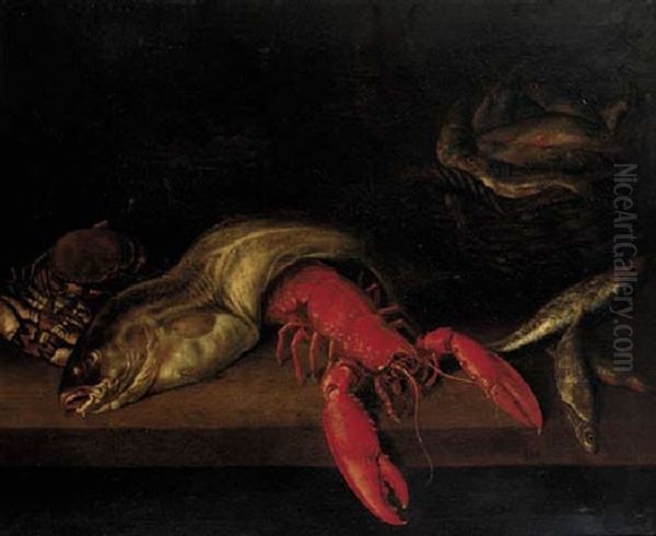 A Lobster, A Cod, A Crab And Other Fish With A Basket Of Fish On A Ledge - view 1