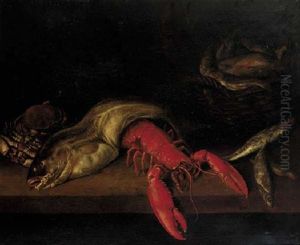A Lobster, A Cod, A Crab And Other Fish With A Basket Of Fish On A Ledge by Abraham van Beyeren