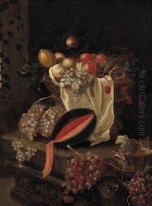 Grapes, Peaches, Cherries, Peeled Lemons And Melons In A Basket, With A Butterfly On A Stone Ledge by Abraham van Beyeren