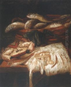Still Life Of Crab, Skate And Salt Water Fish In A Wicker Basket, Arranged Upon A Stone Ledge