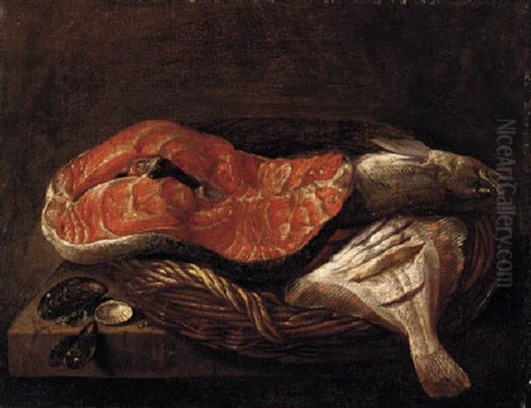 Fish In A Basket, Mussels And Other Sea Shells On A Ledge - view 1
