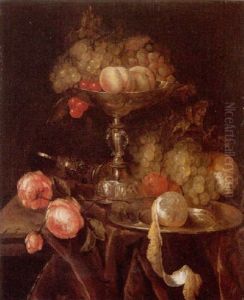 Still Life Of Fruit In A Silver Tazza Together With Grapes, Bread, Roses, A Wine Glass And A Peeled Lemon On A Pewter Dish, On A Ledge Draped With Brown Cloth by Abraham van Beyeren