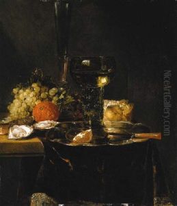 A Roemer, A Knife And An Orange Segment On A Silver Platter, With Oysters, Grapes And Other Food On A Partially Draped Table by Abraham van Beyeren