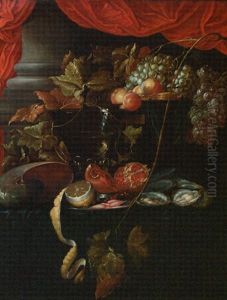 A Partly Peeled Lemon, Pomegranate, Prawns And Oysters On A Salver With A Roemer