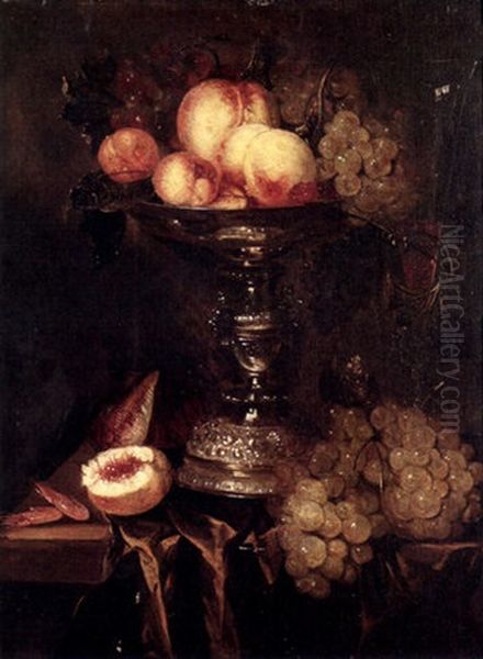 A Still Life With Peaches And Grapes In A Silver Bowl And Other Fruit On A Tabletop - view 1
