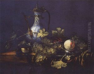 A Chinese Porcelain Jug, Grapes And A Peach On A Pewter Plate With A Fobwatch On A Draped Ledge by Abraham van Beyeren