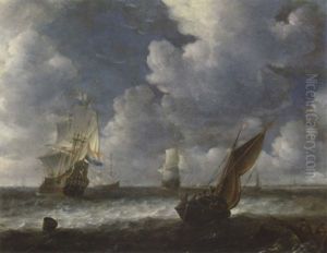 A Dutch Kaag Close Hauled In A Stiff Breeze With Men-o-war Beyond by Abraham van Beyeren