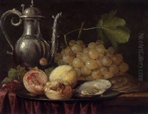 A Silver Ewer, A Bunch Of Grapes With Peaches And Oysters On A Pewter Plate, On A Partially Draped Table by Abraham van Beyeren