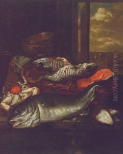 A Cod, Crab, Skate, And Other Fish In A Basket On A Ledge, A Beach Beyond A Cod, Crab, Skate, And Other Fish In A Basket On A Ledge, A Beach Beyond