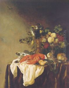 A Banketje Still Life Of Fruit In A Silver Tazza, A Lobster, A Roemer And Other Objects On A White Cloth On A Velvet-draped Table