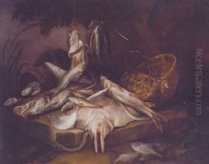 Cod, A Skate, An Eel And Other Fish By A Creel, A Rod And A Bucket Of Oysters On A Bank