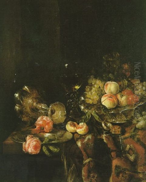 Nature Morte Au Plat De Fruits, Verre De Vin Et Roses Sur Un Entablement - view 1