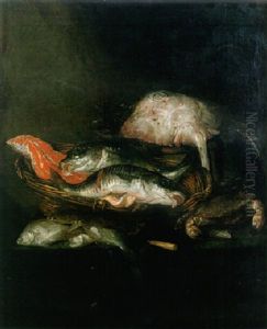 A Ray On A Barrel, A Salmon Steak, With Other Fish, A Knife And A Crab On A Draped Table