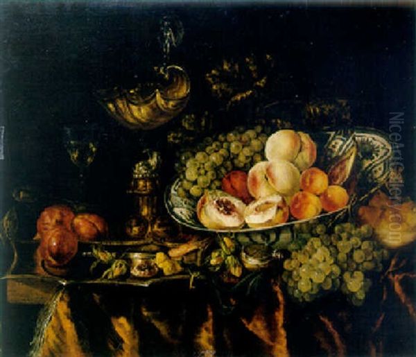 Peaches And Other Fruit In A Dish, A Bun, Grapes, A Watch, Shrimp, Hazelnuts, Plums, And Sweetmeat On A Puntschotel, A Nautilus Shell On A Stand, And A Wineglass On A Draped Table - view 1
