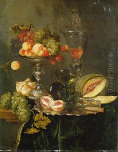 Nectarines, Peaches And Other Fruit On A Silver Tazza, Two Roemers And Other Objects On A Table With A Green Velvet Cloth by Abraham van Beyeren