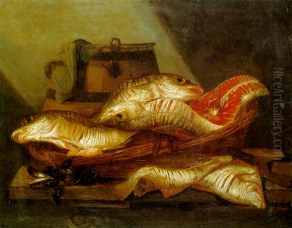 A Basket Of Fish With A Bucket And Mussels On A Table - view 1