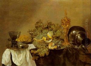 Still Life With Fruits, Bread And A Roemer Of Wine On Pewter Plates, Together With A Gilt Cup And Other Objects Upon A Draped Table by Abraham van Beyeren