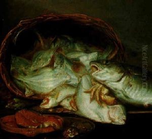 A Still Life Of Assorted Fish In A Basket With Crabs, Salmon And Oysters On A Barrel