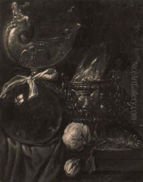 A Nautilus Cup, A Censer, Pink Roses And A Dead Fish On A Draped Table - view 1