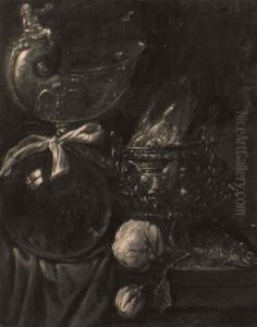 A Nautilus Cup, A Censer, Pink Roses And A Dead Fish On A Draped Table by Abraham van Beyeren