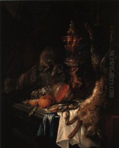 A Dead Hare, Fruit, Plate And Globe On A Partially Draped Ledge by Abraham van Beyeren