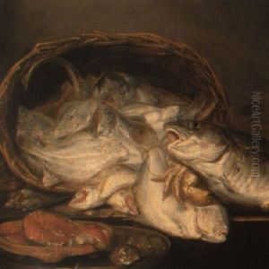 A Still Life Of Assorted Fish In A Basket With Crabs, Salmon And Oysters by Abraham van Beyeren