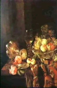 An Overturned Silver Tazza, Roses On A Pewter Plate, A Halved Peach, A Roemer Of White Wine, Grapes And Peaches.... by Abraham van Beyeren
