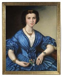 Bildnis Einer Jungen Dame Im Blauen Atlaskleid Mit Einem Kleinen Blumenstrauschen by Ludwig Beyfuss