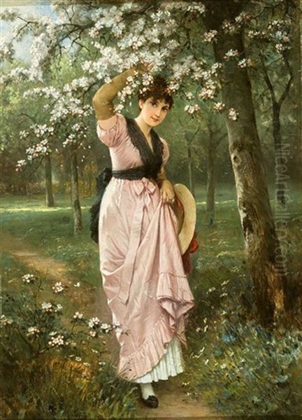 Elegante Dame In Altrosafarbenem Kleid Unter Einem Kirschblutenbaum - view 1