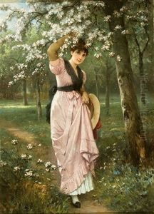 Elegante Dame In Altrosafarbenem Kleid Unter Einem Kirschblutenbaum by Robert Julius Beyschlag