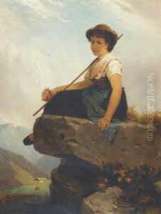A Girl Seated On A Rock Holding A Staff And A Posy Of Flowers by Robert Julius Beyschlag
