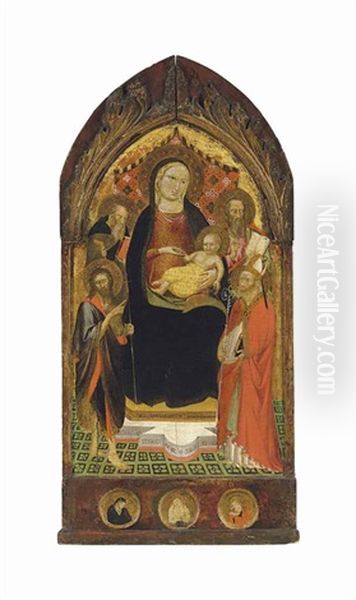 The Madonna And Child Enthroned, With Saints John The Baptist, Anthony Abbot, A Bishop Saint, And An Evangelist, With Roundels Of The Dead Christ, The Virgin Mary And Saint John The Evangelist - view 1