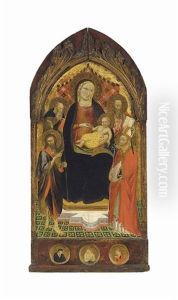 The Madonna And Child Enthroned, With Saints John The Baptist, Anthony Abbot, A Bishop Saint, And An Evangelist, With Roundels Of The Dead Christ, The Virgin Mary And Saint John The Evangelist by Battista Di Biagio Sanguigni