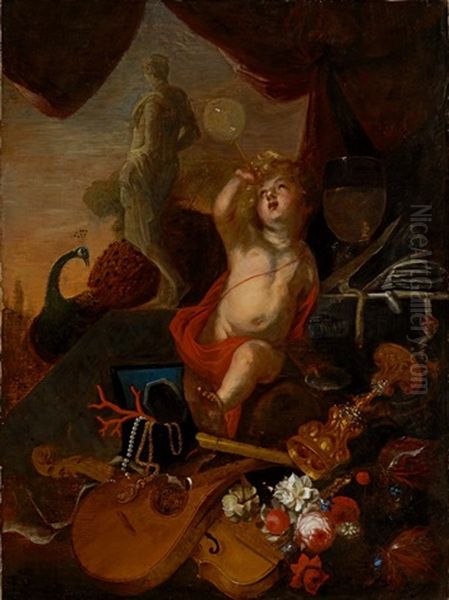 Vanitas-stillleben Mit Putto Mit Seifenblase, Korallen-, Glas- Und Silberobjekten, Schmuck, Musikinstrumenten, Steinskulptur, Pfau, Blumen Und Buchern - view 1