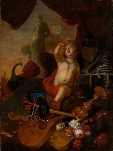 Vanitas-stillleben Mit Putto Mit Seifenblase, Korallen-, Glas- Und Silberobjekten, Schmuck, Musikinstrumenten, Steinskulptur, Pfau, Blumen Und Buchern by Federico Bianchi
