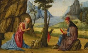 Saint Jerome And Saint Anthony Abbott In A Mountainous Landscape by Francesco Bianchi